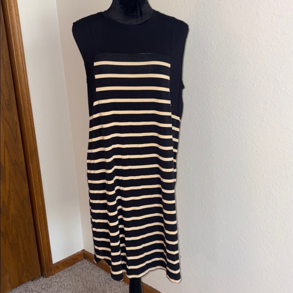 24/7 Comfort Apparel Black and Cream Striped Sleeveless Mini Dress